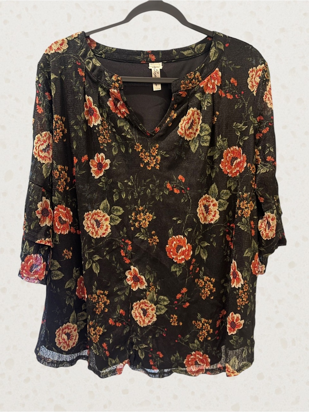 Perseption Black Floral V-Neck Ruffle Sleeve Blouse